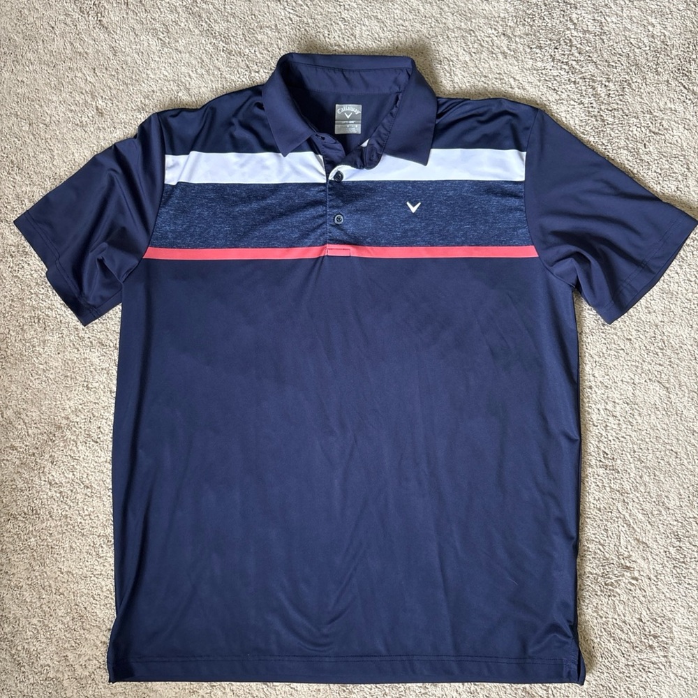 Callaway Men's Opti-Dri Golf Polo, Navy with Red and White Stripes, Large